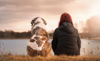 a girl sitting with her dog